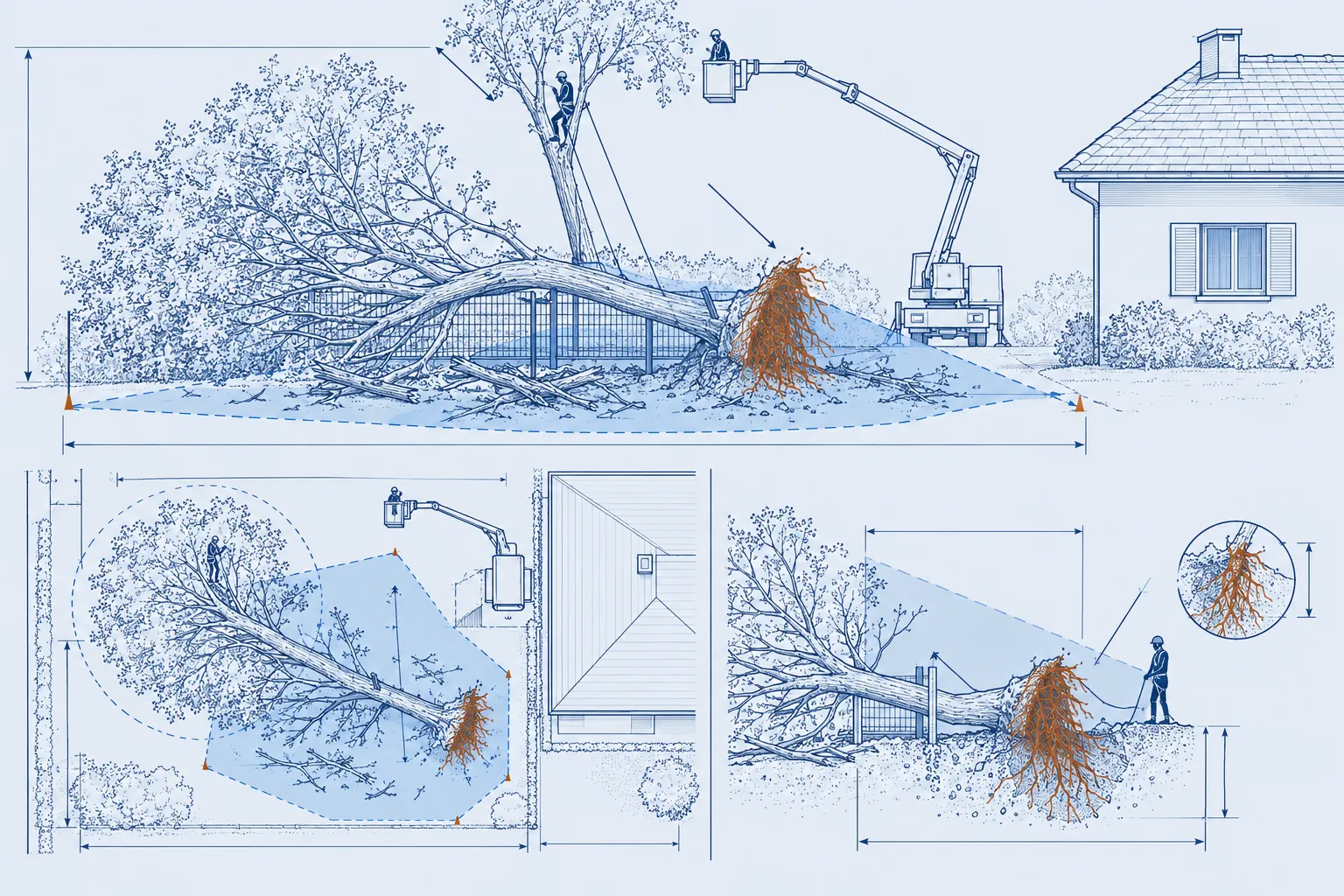 Arbre déraciné couché sur une clôture après une tempête, sa motte de racines relevée, zone de sécurité délimitée autour