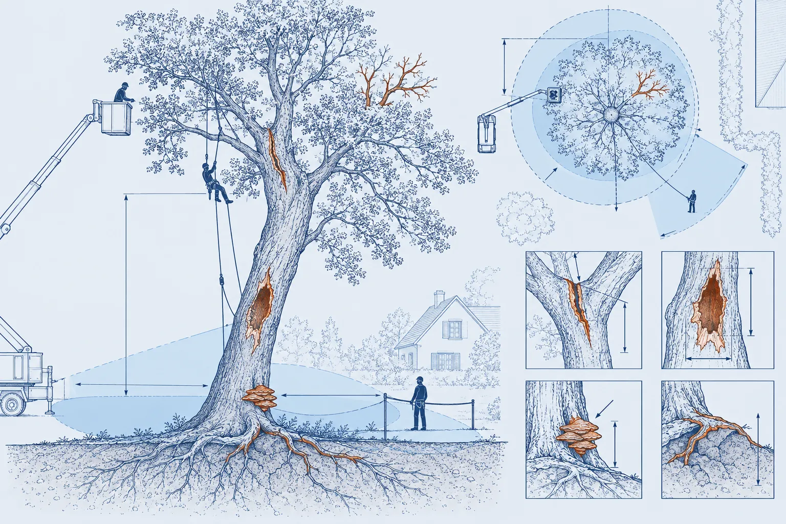 Arbre incliné dont les défauts sont soulignés : fissure à la fourche, cavité, champignon au pied, racines soulevées, bois mort