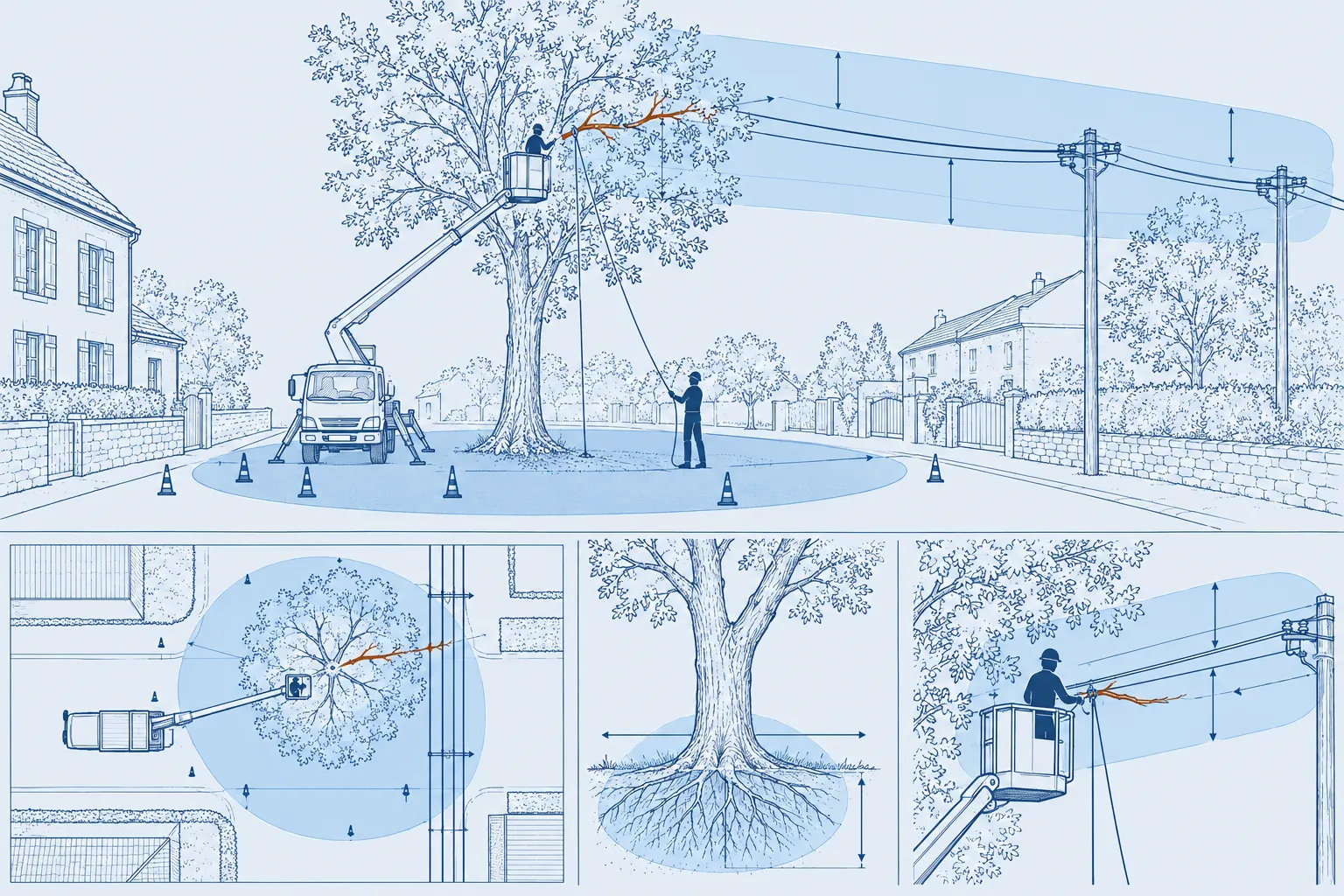 Arbre de jardin dont les branches approchent une ligne électrique, entourée d'une zone de sécurité
