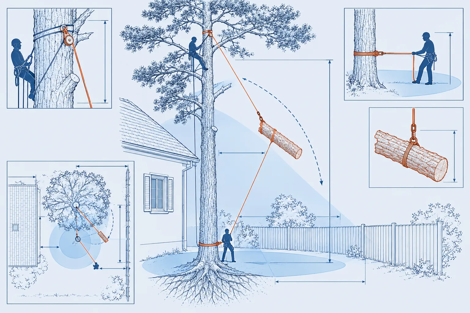 Tronçon de pin descendu à la corde par une poulie, retenu au pied de l'arbre pour épargner le toit et la clôture
