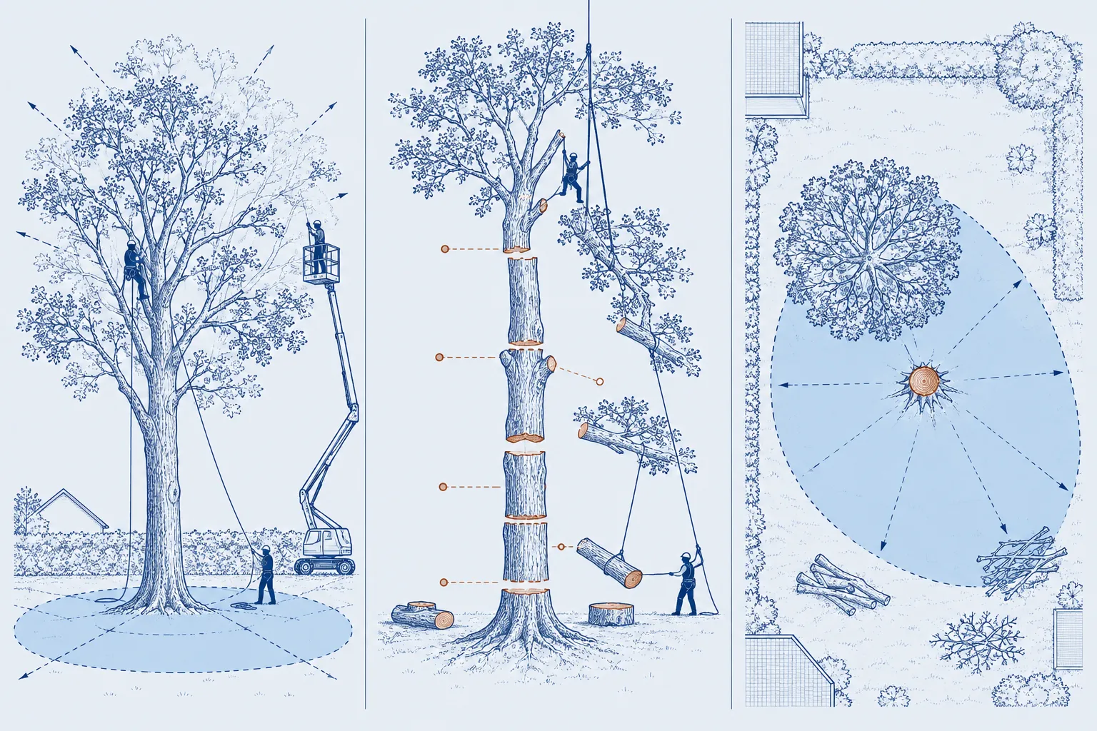 Le même chêne dessiné trois fois : couronne allégée, arbre découpé en tronçons pour un démontage, zone de chute pour un abattage