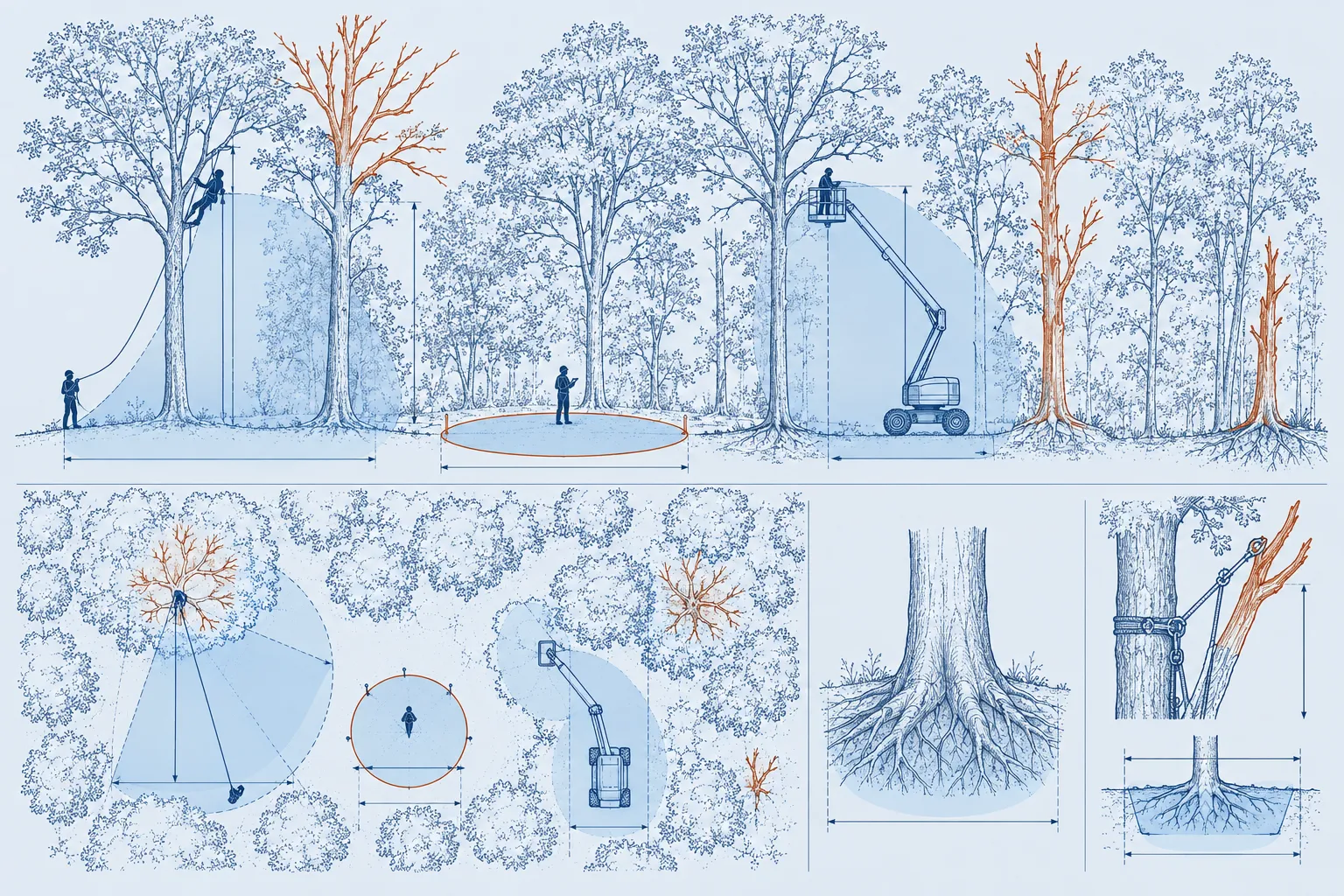 Lisière de forêt où les arbres au houppier dégarni sont surlignés, avec une placette d'inventaire au sol