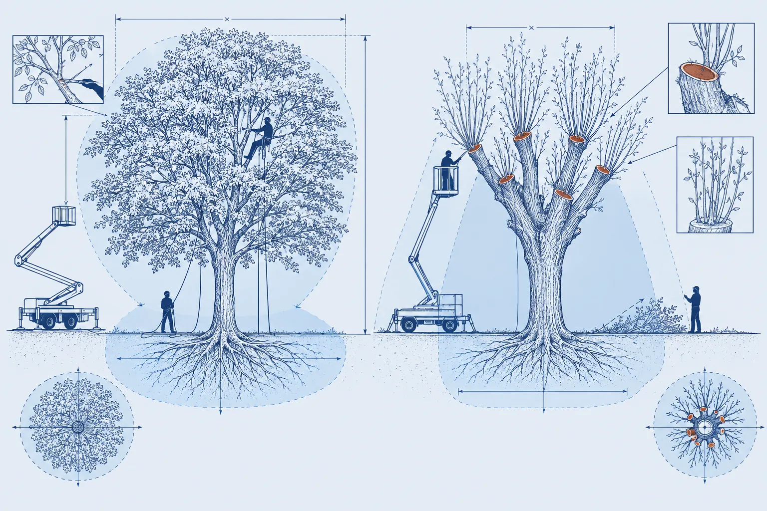 Un tilleul taillé en douceur à côté du même arbre étêté, dont les grosses plaies laissent repartir des rejets en balai